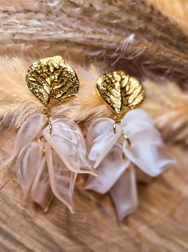 Boucles d'oreilles "Cascades de feuilles" - Modèle champagne et doré