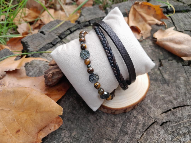 Bracelet cuir brun Oeil du tigre