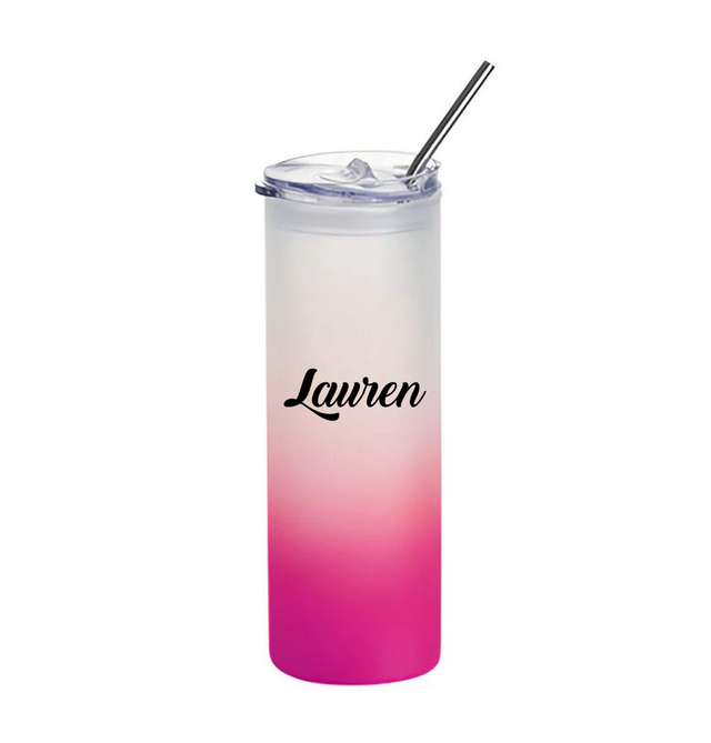 Personalised Water Bottles - Glass - Skinny - Frosted (PINK) 750ml Tumbler with Plastic Lid
