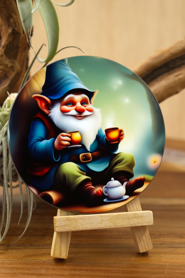 Coaster: Cute Gnome with Teapot and cups – Unisub Sublimated Coaster