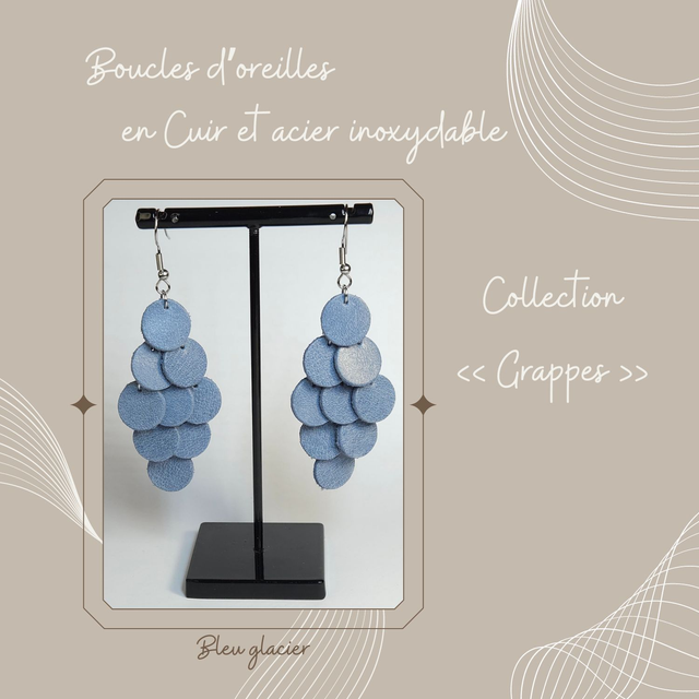 Boucles d&#039;oreilles Grappe en cuir - Bleu glacier
