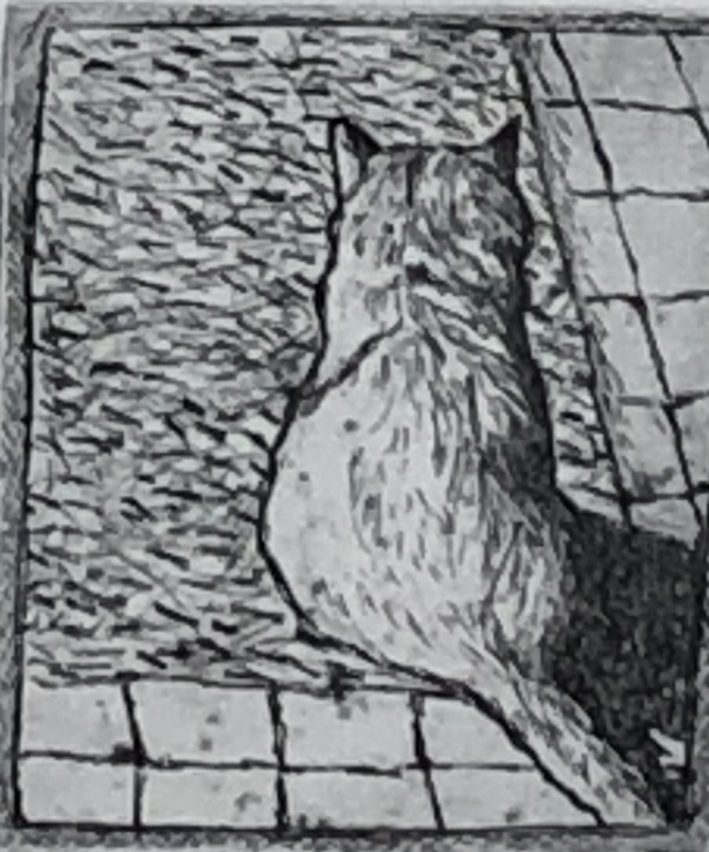 SP32 Cat on a Rag Rug by Shelagh Popham,  Etching, 2 1/4 x 3 inches