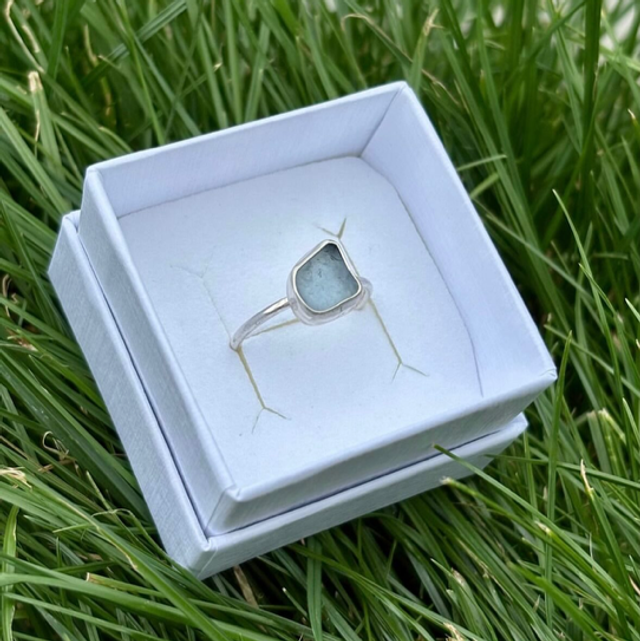 Pale Blue Seaglass &amp; Recycled Silver Ring Size P