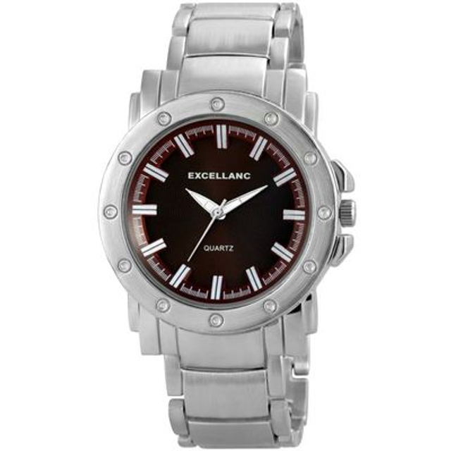 Montre marque Excellanc homme fond marron bracelet acier inoxydable de couleur argentée brillant.