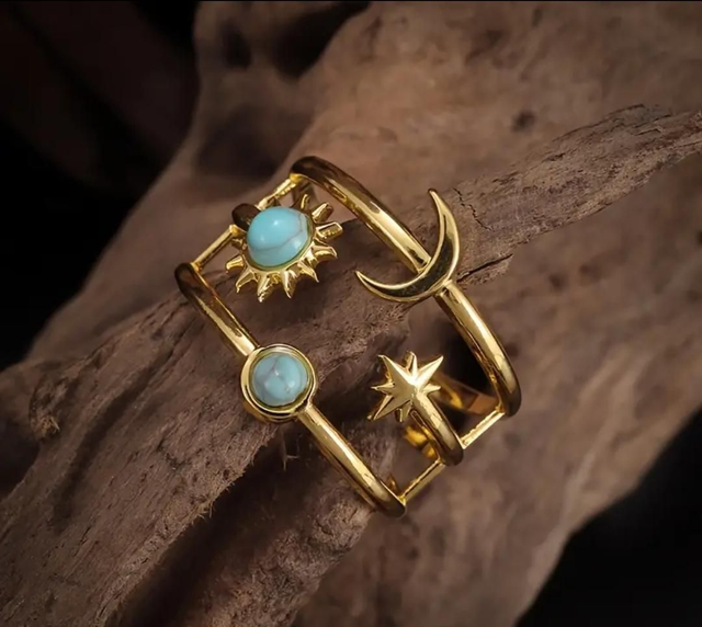 Bague en Turquoise - ajustable - couleur or - en acier inoxydable 