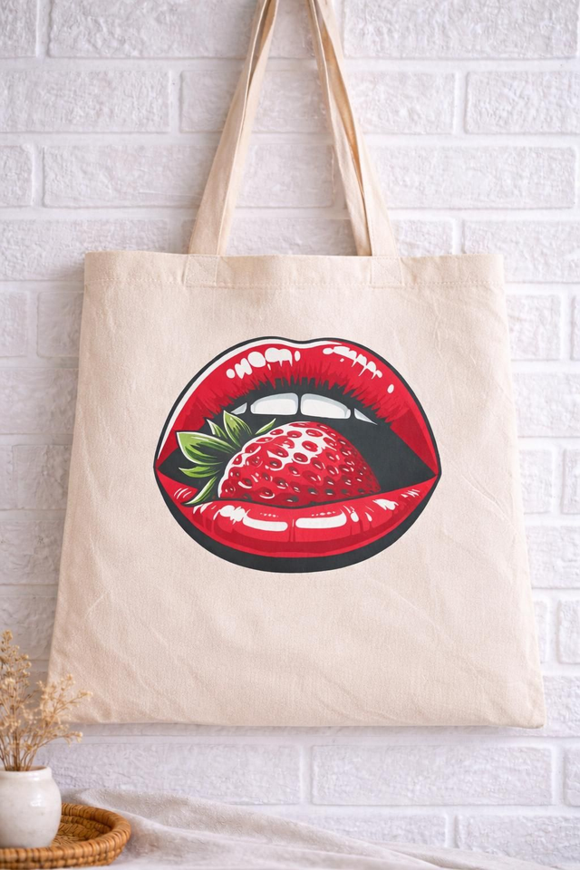 Sac en toile femme – Illustration bouche et fraise
