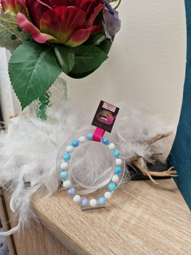 Bracelet Elastique Perles Bleu Ciel Dégradé Rose Blanc Turquoise