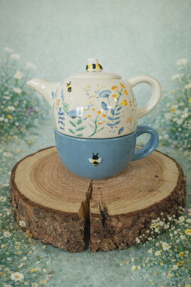 Floral ceramic teapot and mug set - Cornflower Blue