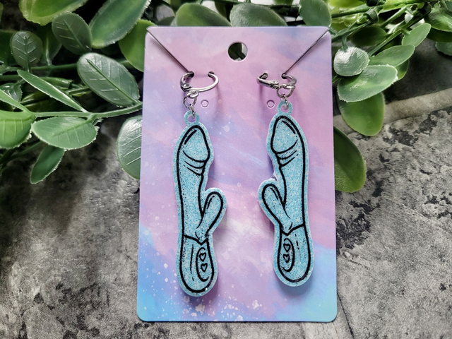 Earrings | Light Blue Glitter Rabbit Vibrator Earrings | Stainless Steel Hoops