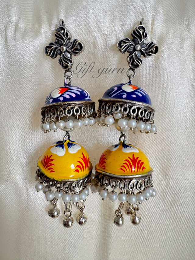 Oxidised Two-Layer Jhumkas with Meenakari Paint