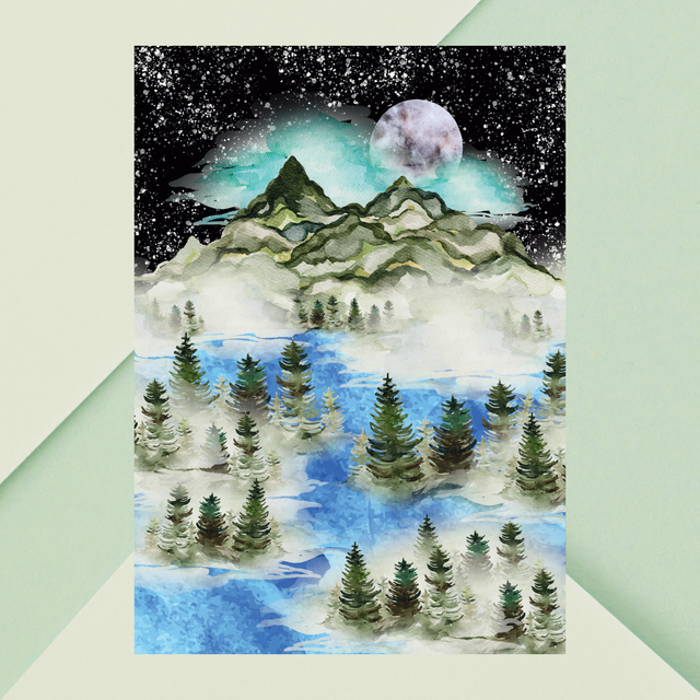 Harmonie : Montagne Pleine Lune Nuit Étoilée / Harmony: Mountain Full Moon Starry Night Print 
