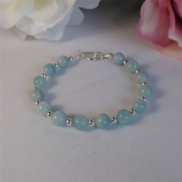 Amazonite and silver bead bracelet recycled silver clasp