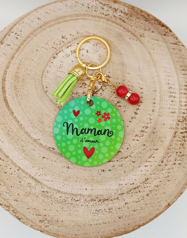 Porte-clé en MDF (bois) sublimé &quot;Maman d&#039;amour&quot; avec 2 breloques. 
