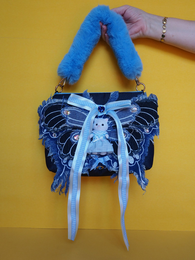Clover Cat Denim Butterfly Mini Sweetheart Handbag