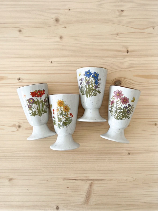 Lot de 4 mazagrans mouchetés anciens avec illustrations botaniques