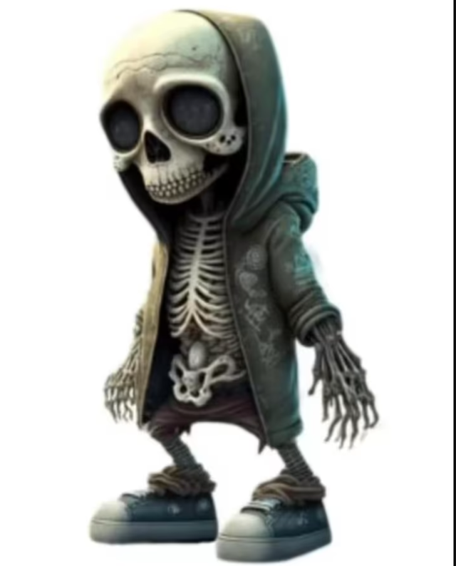 Horror beeldje Skelet figuur met groene hoodie (14cm) Nieuw.