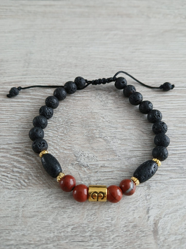 Sterrenbeeld Armband Ram – Rode Jaspis &amp; Lavasteen – verstelbaar (7.021)