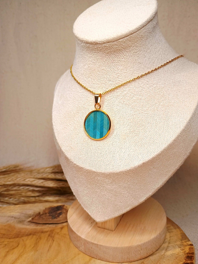 Collier MÉDAILLON Chevron Turquoise - Acier inoxydable doré 
