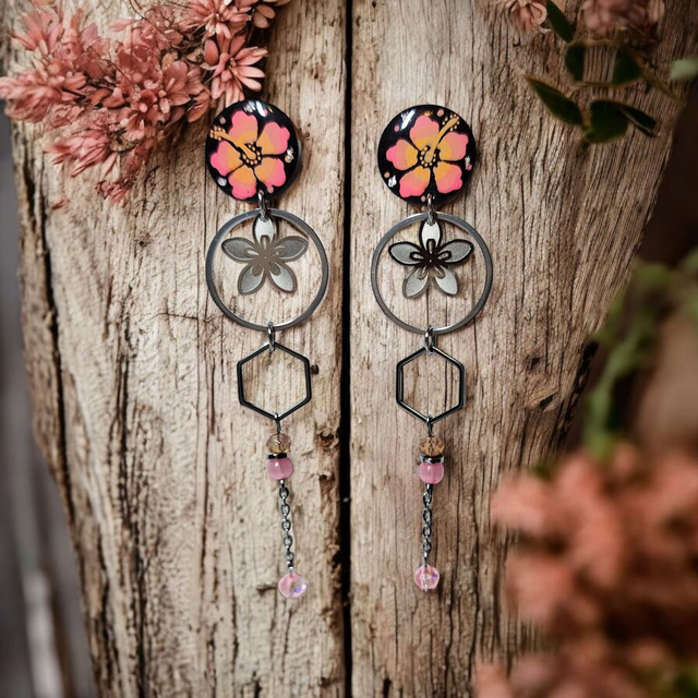 Boucles d'oreilles Flora rose et pêche
