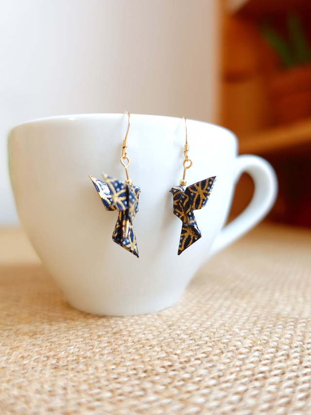 Origami Colombe, oiseau / GOLD FILLED, Or laminé / Boucles d'oreilles / Papier japonais washi / Bleu gris, or / Bijou japonais origami /
