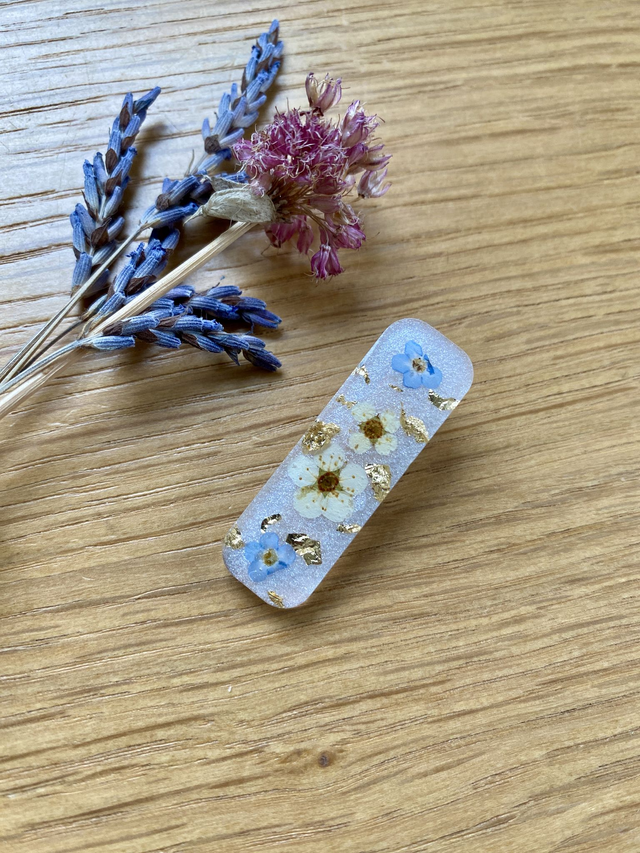 Barrette mini rectangulaire - spirée et myosotis