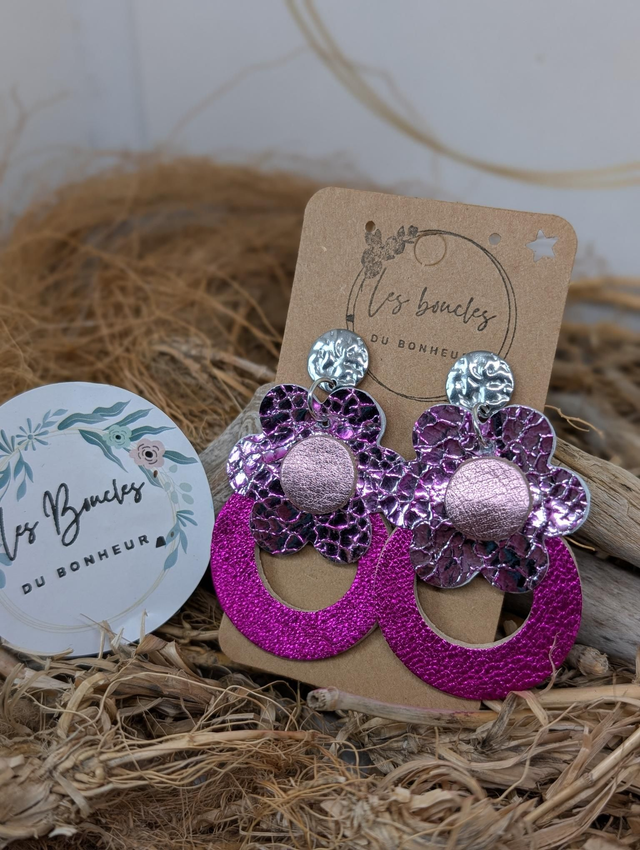 Boucles d'oreilles fleur rétro rose fushia mo606