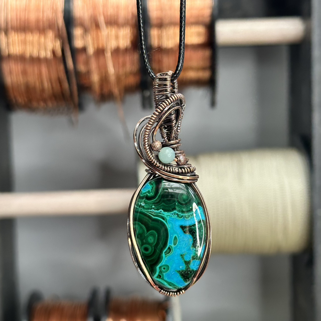 Malachite &amp;Chrysocolla pure copper wrapped pendant 