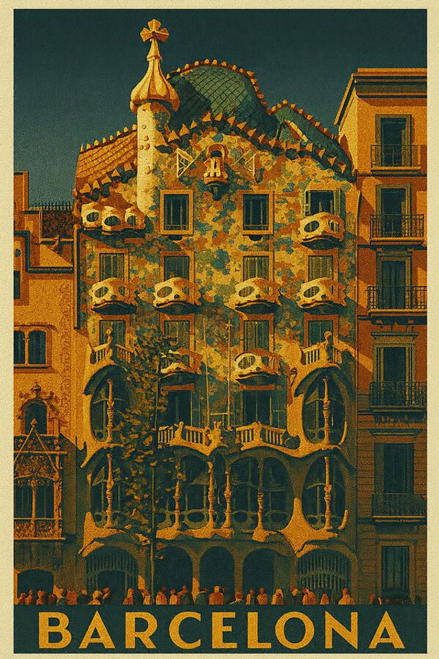 Póster de viaje vintage de la Casa Batlló de Barcelona
