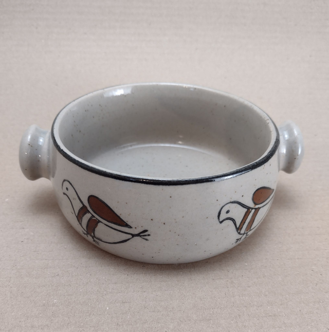 Sundo Stoneware | Meerdere Soepkommen Diepe kommen Ovenschalen (diameter 12,0 | hoogte 5,5 cm) Vogelmotief Donkergrijs Bruine bies | Vintage