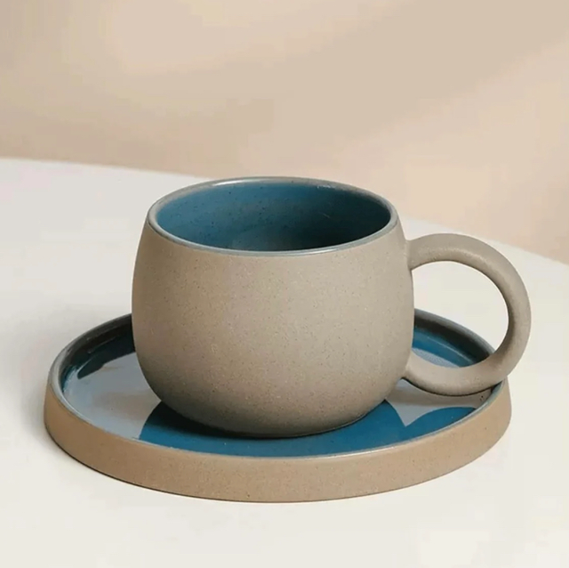 Handmade Ceramic Cup with Saucer/Plate 250ml - Blue 