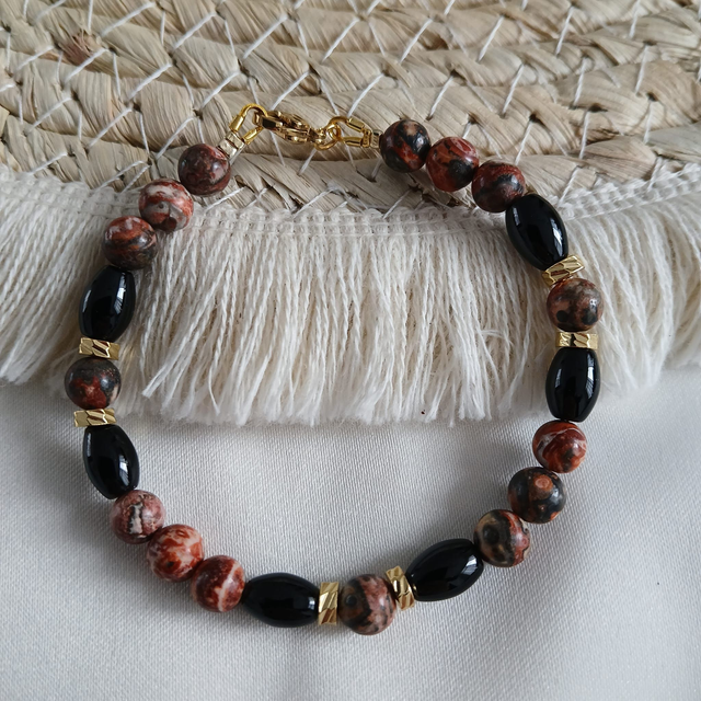 Dames armband Luipaard Jaspis &amp; Onyx – goudkleurige RVS sluiting (1.306)