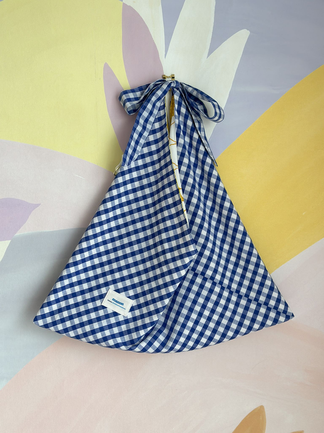 SAC ORIGAMI - Vichy bleu / tissu fleurs jaunes - Fait main à Reims (France)