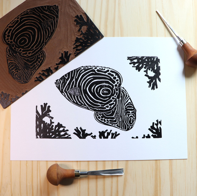 Linogravure A4 Poissons Ange Empereur - Linogravure poisson