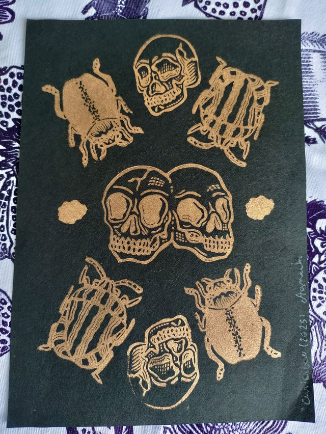 Impression Linogravure "cabinet de curiosité" impressions aléatoires format A5 crâne siamois