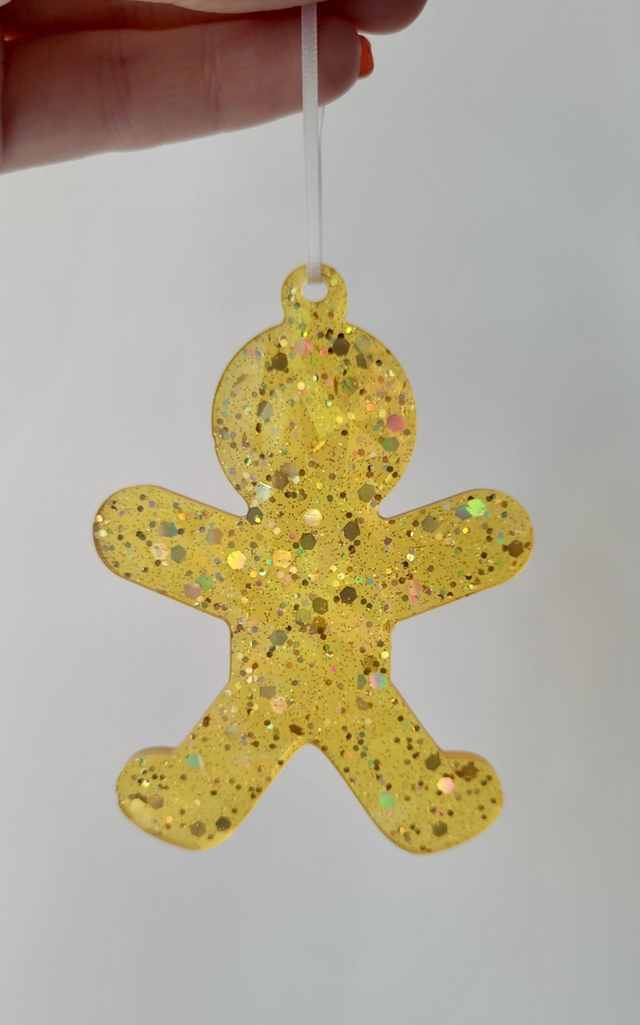 Gingerbread Man Christmas Tree Bauble Decoration - Biscuit Yellow Glitter
