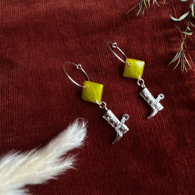 Silver and Lime Green Cowboy Boot Earrings