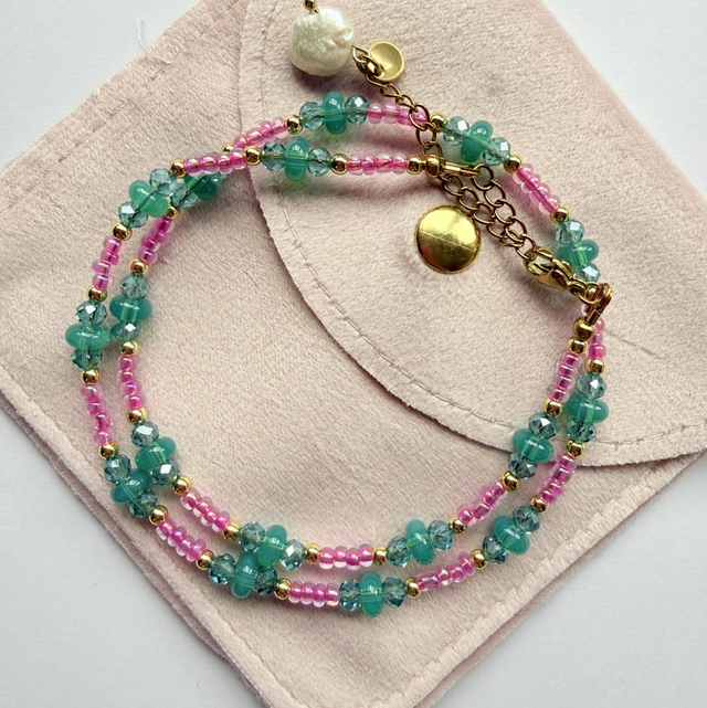 CLEO - Teal &amp; Pink Beaded Choker Style Necklace