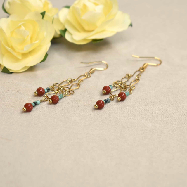 Boucles d'oreilles longues Ethniques en jaspe brique et turquoise africaine