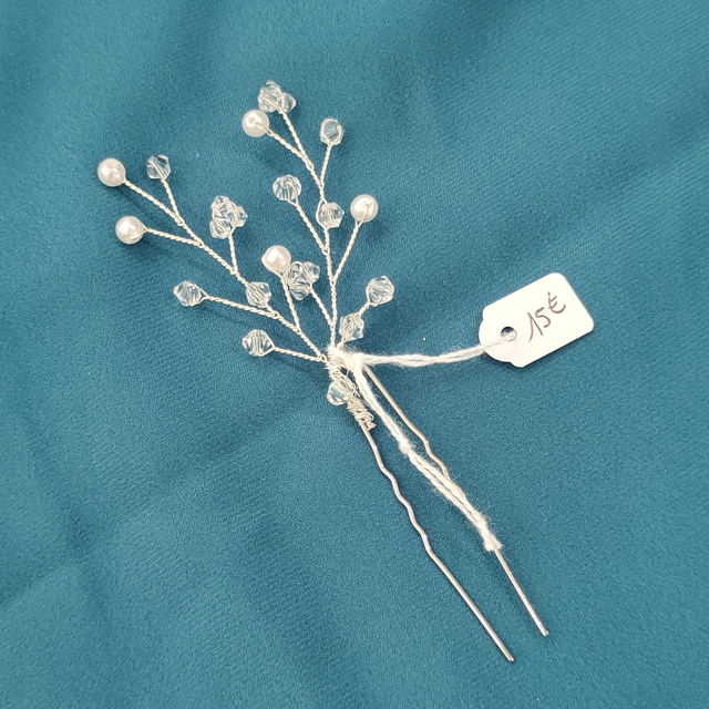 Épingle de coiffure à perles blanches et toupies transparentes