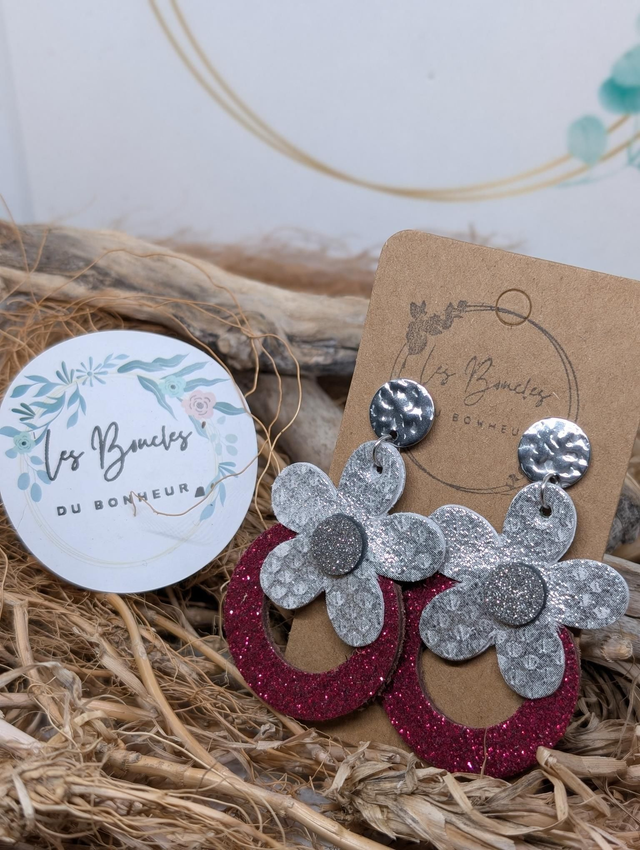 Boucles d'oreilles baby Marguerite framboise paillettes argenté bm1139