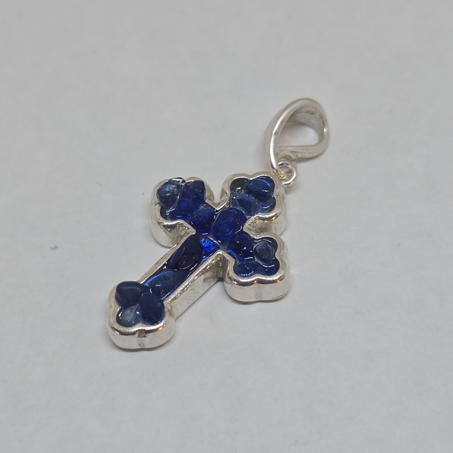 925 Rosary Inspired Cross Pendant with Blue Seaglass & Sterling Silver