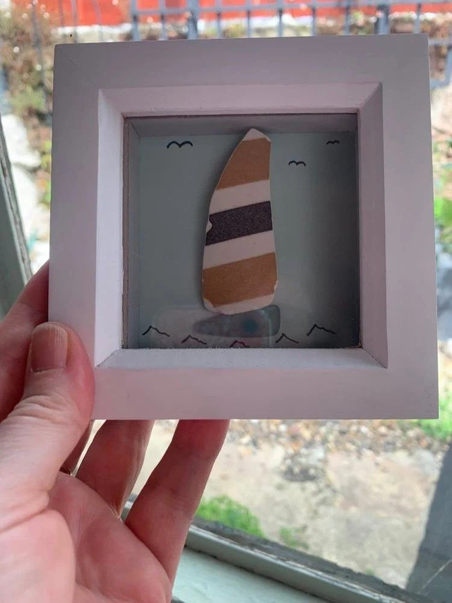 Found Sea Glass and Pottery Sail Boat Picture in Deep Frame approx. 11.5cm x 11.5cm (230204)