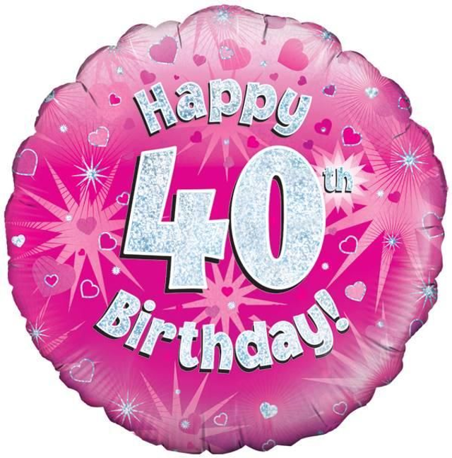 18" HAPPY 40TH BIRTHDAY PINK HOLOGRAPHIC FOIL