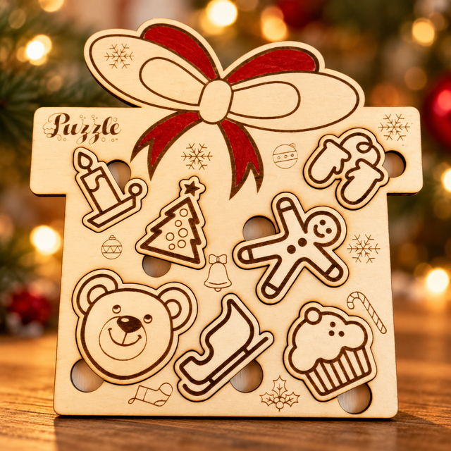 Puzzle natalizio a pacco regalo in legno – gioco per le feste