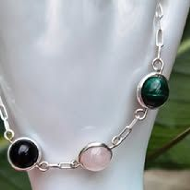 Sterling Silver Diamond-Cut Cable Chain Bracelet with Spinning Rose Quartz, Malachite &amp; Obsidian