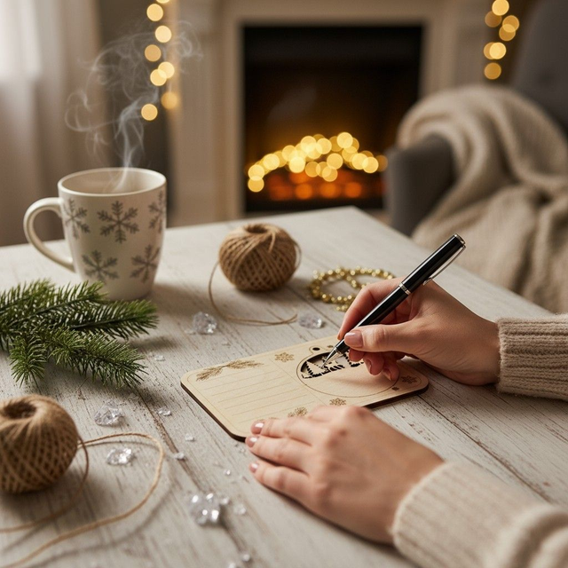 Carte postale avec boule de Noël en bois, gravée et personnalisée - décoration de sapin, déco Renne