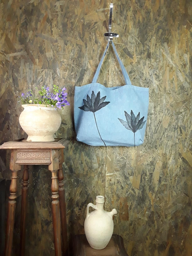 Cabas en lin teinté à l'indigo FLEURS DES CHAMPS 