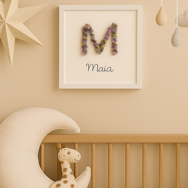 Lettre Florale (coloris au choix)+prénom        encadrement blanc