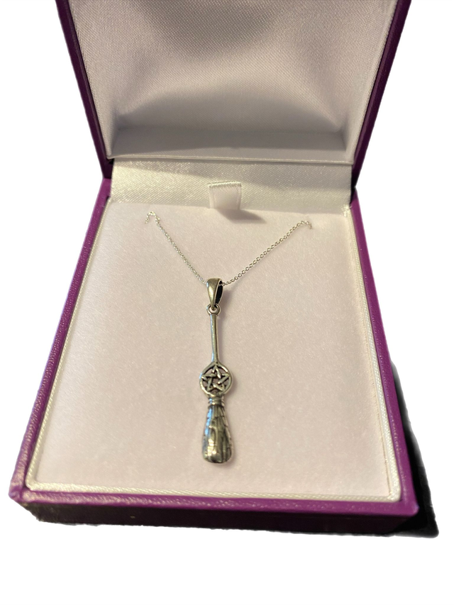 Sterling Silver Pentacle Besom Broom Necklace