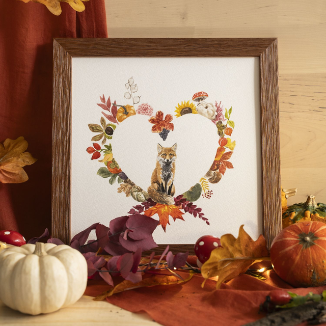 Aquarelle cœur Renard d&#039;automne